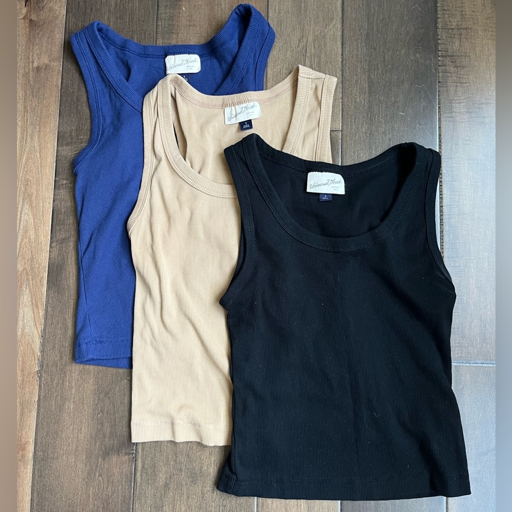 Universal Thread Shrunken Rib Tank Top Bundle in Black, Tan, + Navy Blue